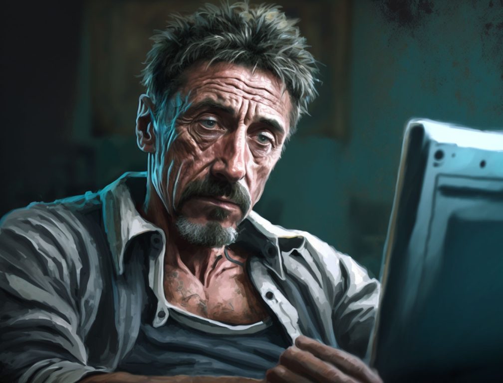 John Mcafee on a computer, painting
